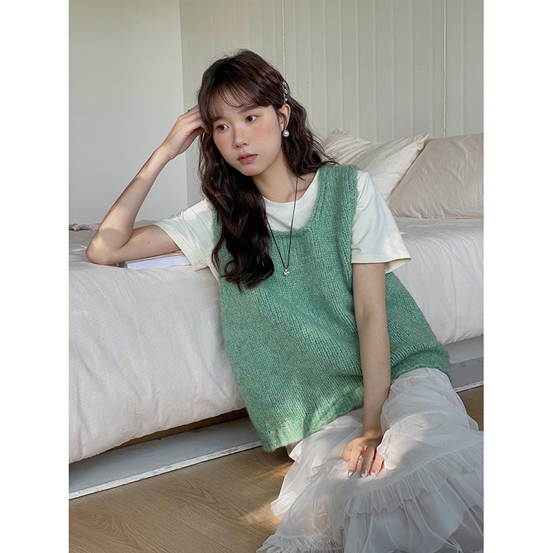 APXIVI Női koreai stílusú kötött mellény, poliészter, négyszögletes gallér, pulóveres zárás, töltet nélküli