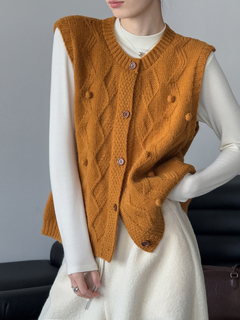 Női kötött mellény, koreai stílusú casual, kerek nyak, laza szabás, egygombos záródás, akril