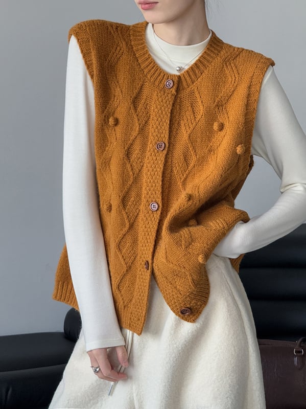 Női kötött mellény, koreai stílusú casual, kerek nyak, laza szabás, egygombos záródás, akril