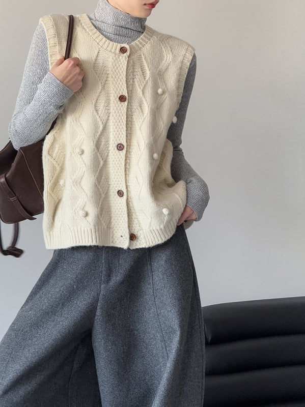 Női kötött mellény, koreai stílusú casual, kerek nyak, laza szabás, egygombos záródás, akril