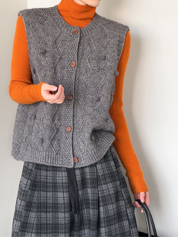 Női kötött mellény, koreai stílusú casual, kerek nyak, laza szabás, egygombos záródás, akril