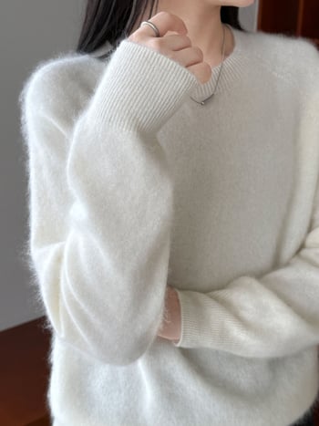 Aunt Luxi γυναικείος πουλόβερ από μαλλί-κάσμιρ με κουκούλα, στρογγυλός λαιμός, φαρδιά γραμμή, μακριά μανίκια, χειμώνας 2025