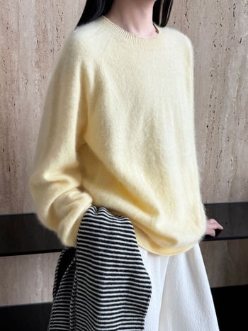 Aunt Luxi γυναικείος πουλόβερ από μαλλί-κάσμιρ με κουκούλα, στρογγυλός λαιμός, φαρδιά γραμμή, μακριά μανίκια, χειμώνας 2025