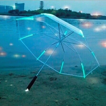 Светещ прозрачен чадър, дълга дръжка, 8 ребра от фибър, ръчно отваряне и затваряне