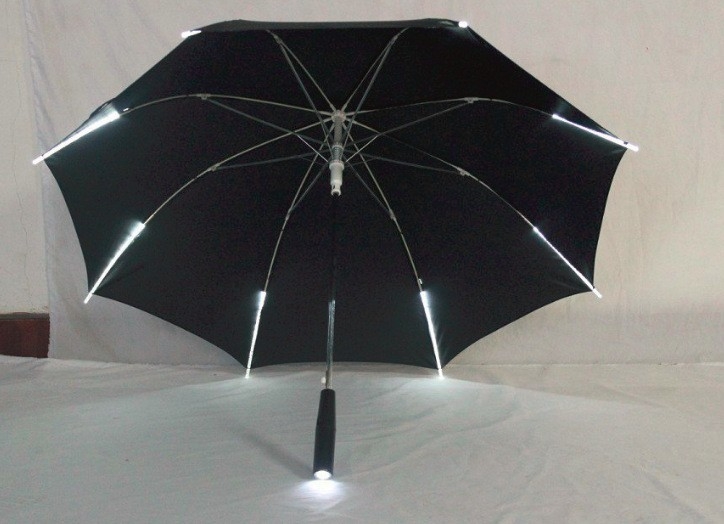 Светещ прозрачен чадър, дълга дръжка, 8 ребра от фибър, ръчно отваряне и затваряне