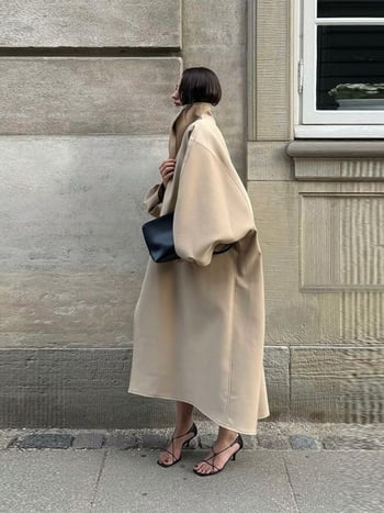 Παλτό τύπου trench, casual μεσαίου μήκους, γιακά Polo, μακριά μανίκια, πολυεστέρας