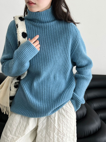 Πουλόβερ κορεατικού στυλ με ψηλό λαιμό, πλεκτό από ακρυλικό, φαρδιά γραμμή, μακριά μανίκια, χειμώνας 2025