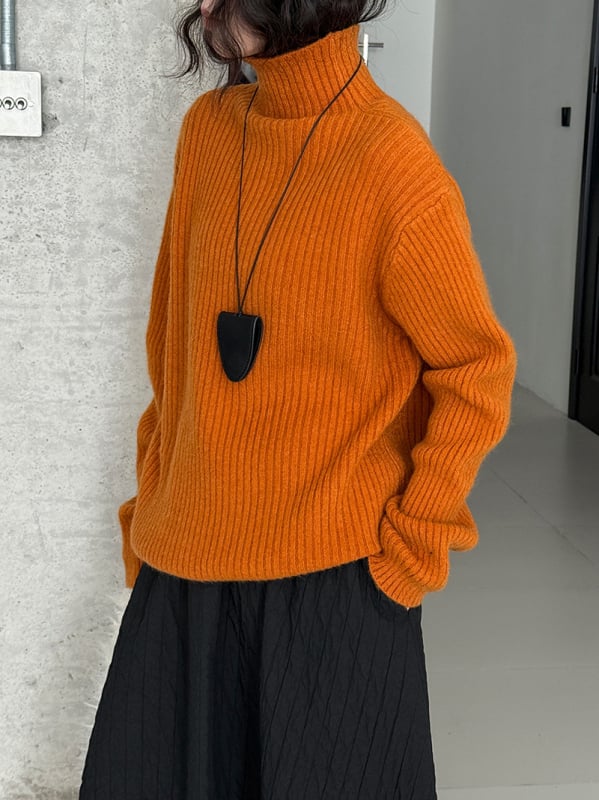 Πουλόβερ κορεατικού στυλ με ψηλό λαιμό, πλεκτό από ακρυλικό, φαρδιά γραμμή, μακριά μανίκια, χειμώνας 2025