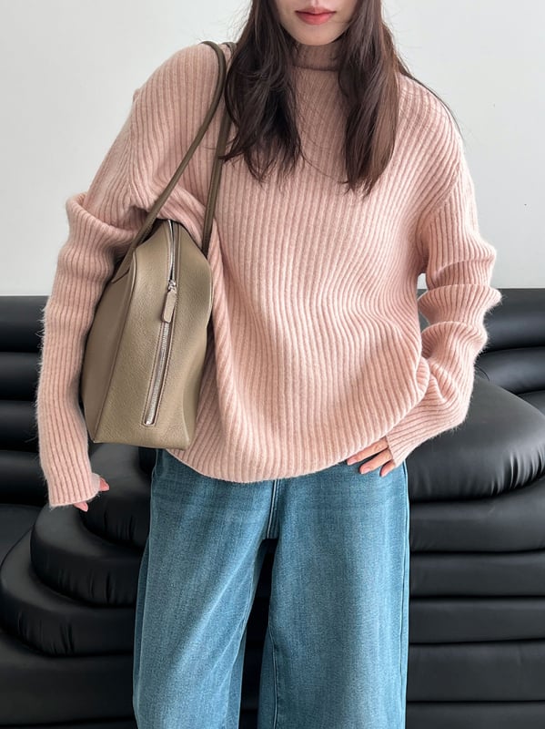 Πουλόβερ κορεατικού στυλ με ψηλό λαιμό, πλεκτό από ακρυλικό, φαρδιά γραμμή, μακριά μανίκια, χειμώνας 2025