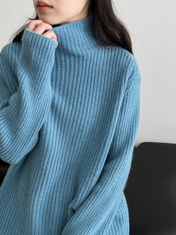 Πουλόβερ κορεατικού στυλ με ψηλό λαιμό, πλεκτό από ακρυλικό, φαρδιά γραμμή, μακριά μανίκια, χειμώνας 2025