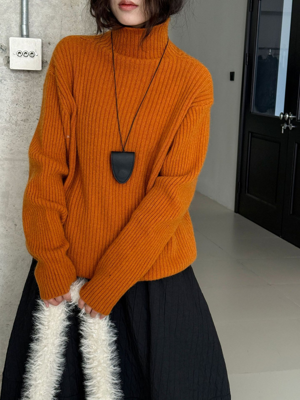 Πουλόβερ κορεατικού στυλ με ψηλό λαιμό, πλεκτό από ακρυλικό, φαρδιά γραμμή, μακριά μανίκια, χειμώνας 2025