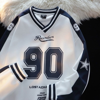 Tricou sport cu decolteu în V, mâneci lungi, model în dungi, material din mătase, antibacterian