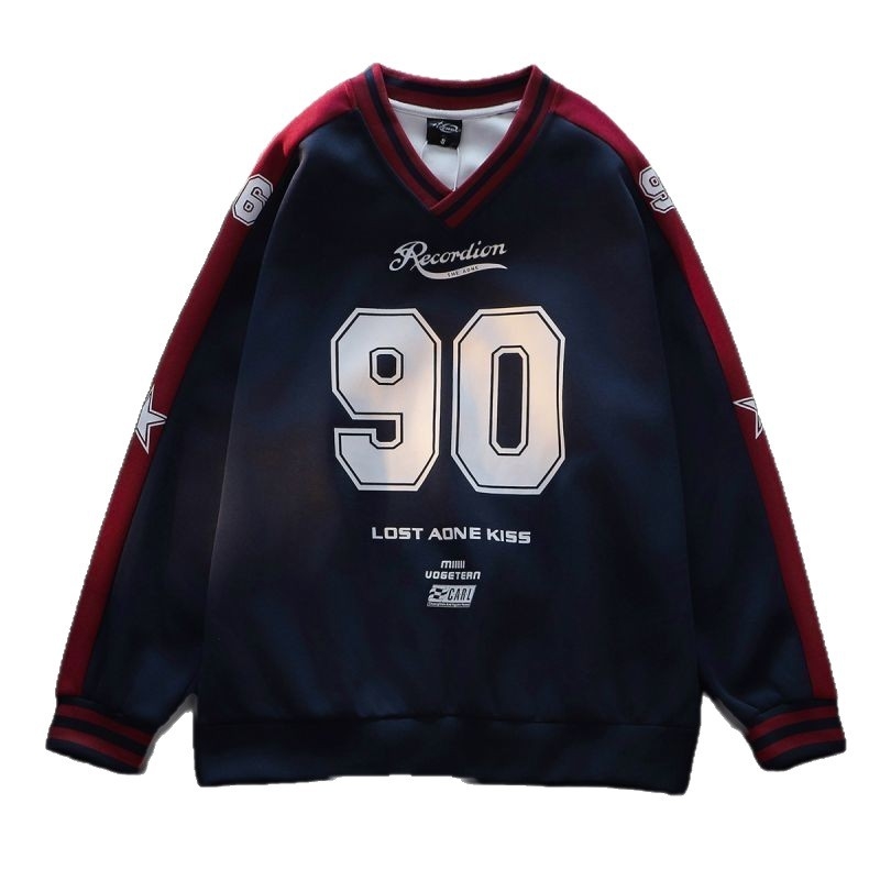 Tricou sport cu decolteu în V, mâneci lungi, model în dungi, material din mătase, antibacterian