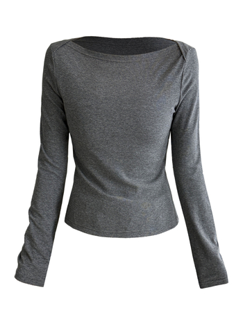 Дамски Т-шърт с лодковидно деколте, дълги ръкави, едноцветен; памук-еластан смес (памук 90–95%, еластан под 30%), свободна кройка, обикновена дължина, ретро стил