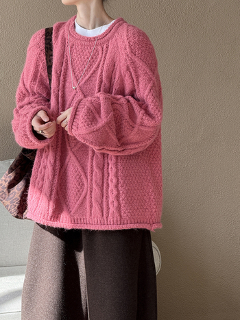 Πουλόβερ πολυεστέρα, χοντρό πλέξιμο, μονόχρωμο, χαλαρή γραμμή, στρογγυλός λαιμός, μακριά μανίκια