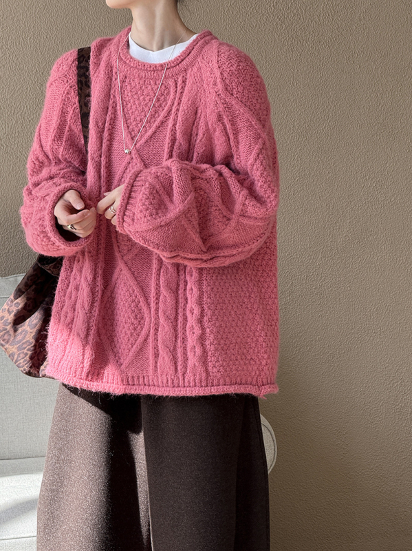 Πουλόβερ πολυεστέρα, χοντρό πλέξιμο, μονόχρωμο, χαλαρή γραμμή, στρογγυλός λαιμός, μακριά μανίκια