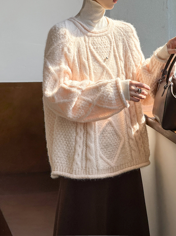 Πουλόβερ πολυεστέρα, χοντρό πλέξιμο, μονόχρωμο, χαλαρή γραμμή, στρογγυλός λαιμός, μακριά μανίκια