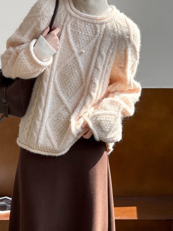 Πουλόβερ πολυεστέρα, χοντρό πλέξιμο, μονόχρωμο, χαλαρή γραμμή, στρογγυλός λαιμός, μακριά μανίκια