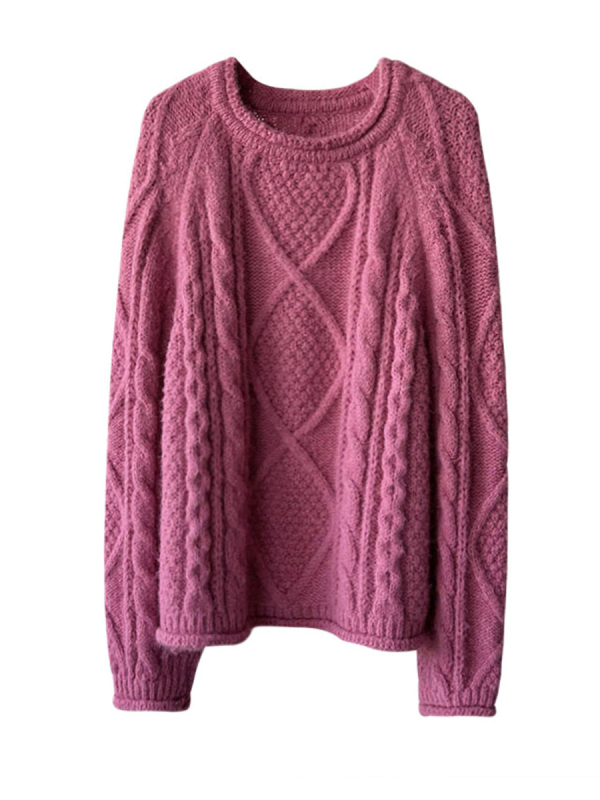 Πουλόβερ πολυεστέρα, χοντρό πλέξιμο, μονόχρωμο, χαλαρή γραμμή, στρογγυλός λαιμός, μακριά μανίκια