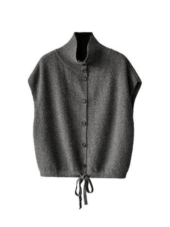 Női ujjatlan kötött mellény álló gallérral, laza szabás, vastagított akril anyagból, egyrészes gombolás