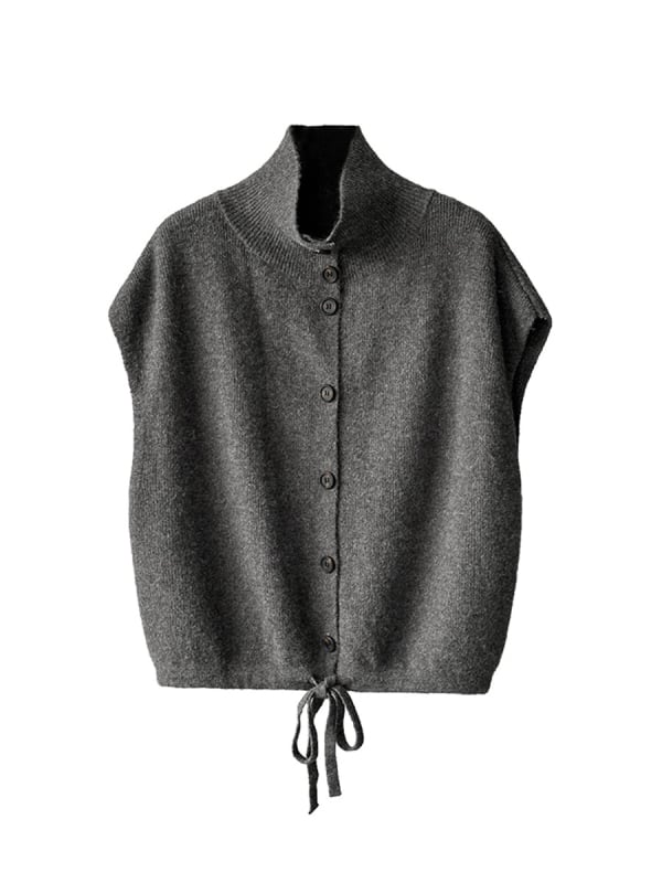Női ujjatlan kötött mellény álló gallérral, laza szabás, vastagított akril anyagból, egyrészes gombolás