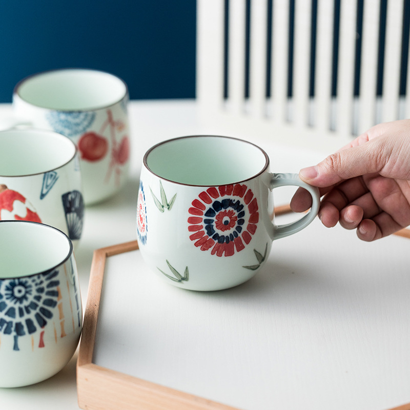 Κούπα πρωινού ιαπωνικού στυλ, χειροποίητα ζωγραφισμένη, κεραμική κούπα, στρογγυλή, ασφαλής για φούρνο μικροκυμάτων, με εκτυπωμένο λογότυπο