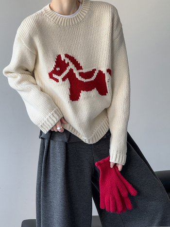 Πουλόβερ Little Horse, ακρυλικό, κορεάτικο/ιαπωνικό casual στυλ, χαλαρή γραμμή, μακρύ μανίκι, μοντέλο 1928-1