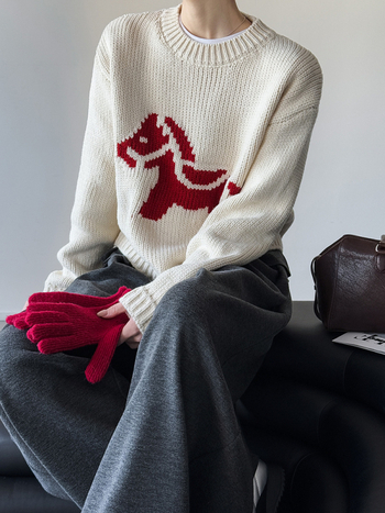 Πουλόβερ Little Horse, ακρυλικό, κορεάτικο/ιαπωνικό casual στυλ, χαλαρή γραμμή, μακρύ μανίκι, μοντέλο 1928-1