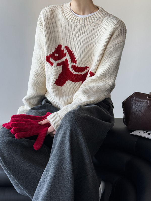 Πουλόβερ Little Horse, ακρυλικό, κορεάτικο/ιαπωνικό casual στυλ, χαλαρή γραμμή, μακρύ μανίκι, μοντέλο 1928-1