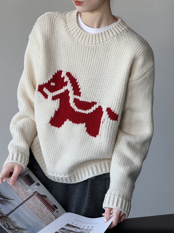 Πουλόβερ Little Horse, ακρυλικό, κορεάτικο/ιαπωνικό casual στυλ, χαλαρή γραμμή, μακρύ μανίκι, μοντέλο 1928-1