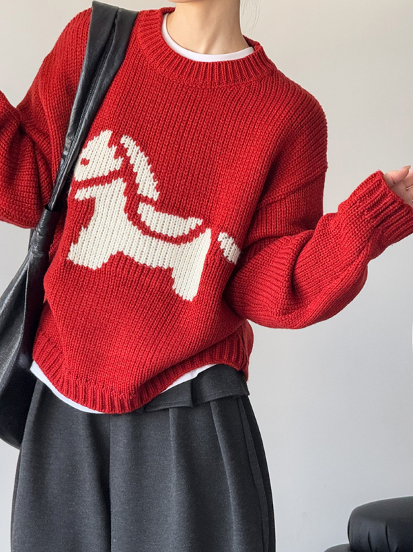 Πουλόβερ Little Horse, ακρυλικό, κορεάτικο/ιαπωνικό casual στυλ, χαλαρή γραμμή, μακρύ μανίκι, μοντέλο 1928-1