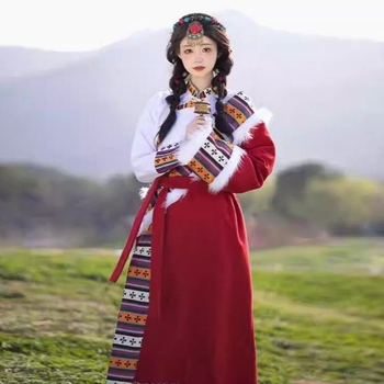Tibetanska ženska nošnja za narodne plesove — Chenille tkanina s smjesom spandeksa i poliestera, proljeće 2025