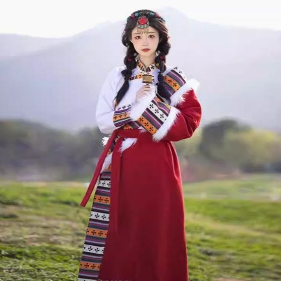 Tibetanska ženska nošnja za narodne plesove — Chenille tkanina s smjesom spandeksa i poliestera, proljeće 2025