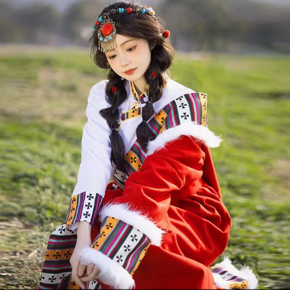Tibetanska ženska nošnja za narodne plesove — Chenille tkanina s smjesom spandeksa i poliestera, proljeće 2025