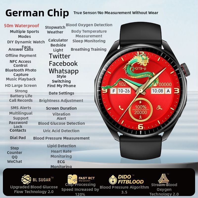 Brățară inteligentă cu monitorizare neinvazivă în timp real a glicemiei, tensiunii arteriale și lipidelor; rezistență la apă 50 m; carcasă din aliaj de aluminiu; curea din silicon; afișaj TFT