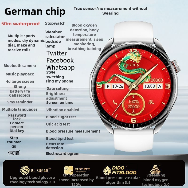 Brățară inteligentă cu monitorizare neinvazivă în timp real a glicemiei, tensiunii arteriale și lipidelor; rezistență la apă 50 m; carcasă din aliaj de aluminiu; curea din silicon; afișaj TFT