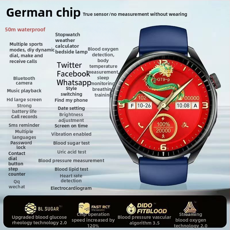 Brățară inteligentă cu monitorizare neinvazivă în timp real a glicemiei, tensiunii arteriale și lipidelor; rezistență la apă 50 m; carcasă din aliaj de aluminiu; curea din silicon; afișaj TFT