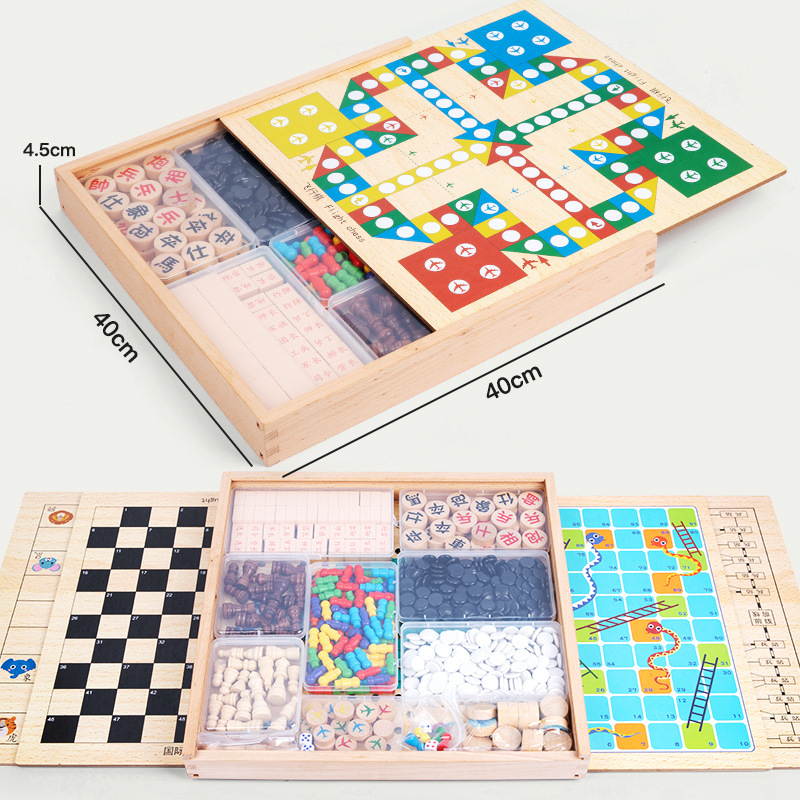Drvena višestruka društvena igra s Ludo i Gomoku, edukativna igra za razvoj inteligencije, prijenosna kutija za poklon, za djecu 4-6 godina