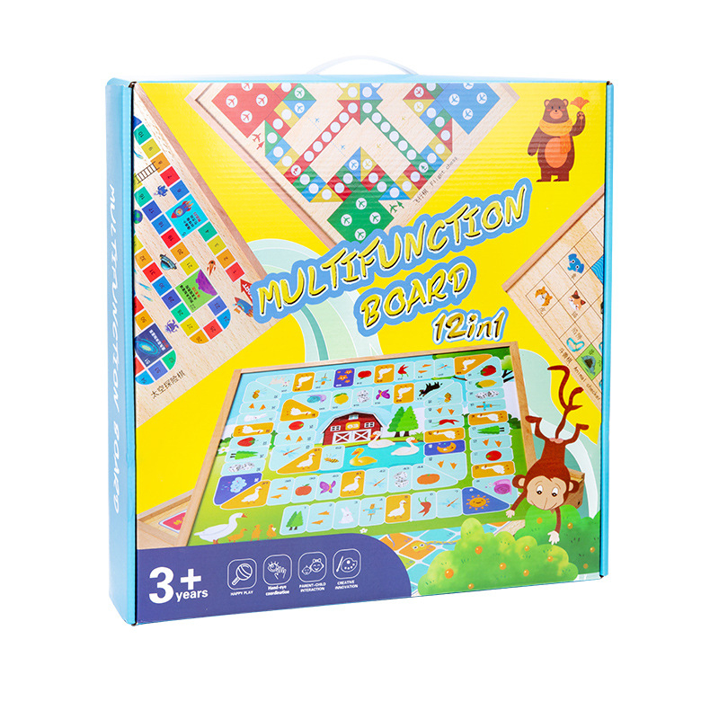 Drvena višestruka društvena igra s Ludo i Gomoku, edukativna igra za razvoj inteligencije, prijenosna kutija za poklon, za djecu 4-6 godina
