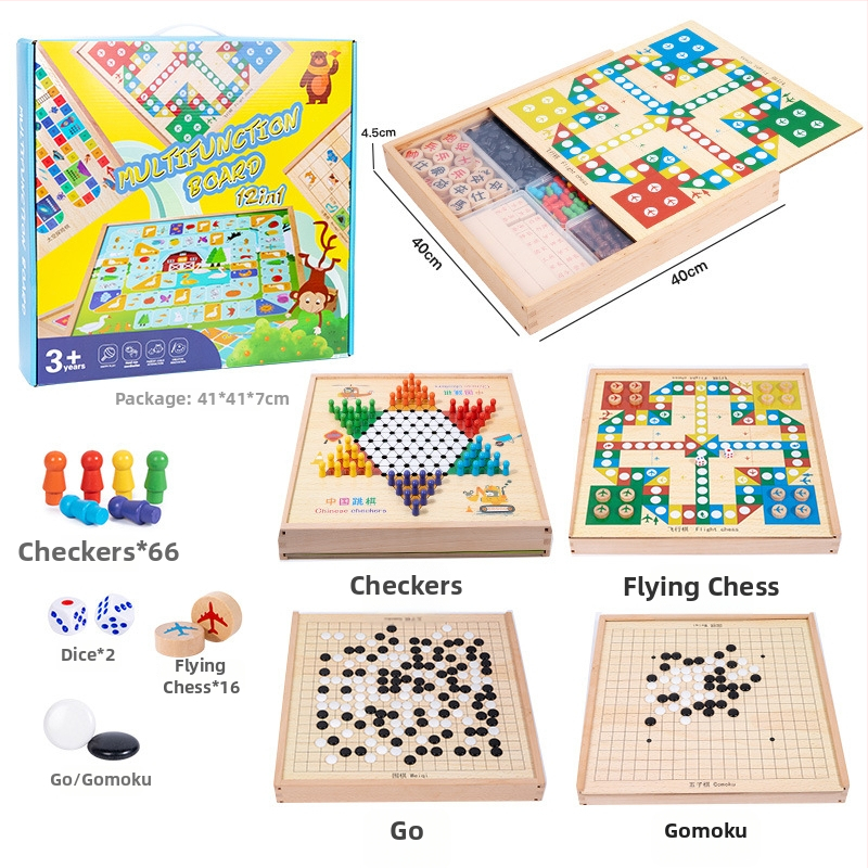 Drvena višestruka društvena igra s Ludo i Gomoku, edukativna igra za razvoj inteligencije, prijenosna kutija za poklon, za djecu 4-6 godina