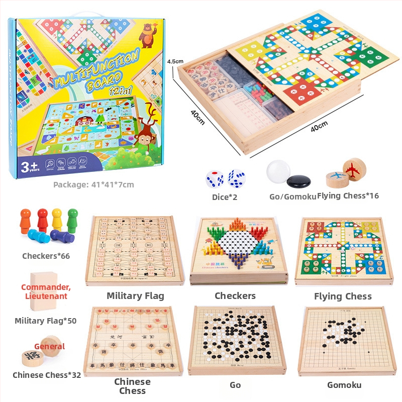 Drvena višestruka društvena igra s Ludo i Gomoku, edukativna igra za razvoj inteligencije, prijenosna kutija za poklon, za djecu 4-6 godina
