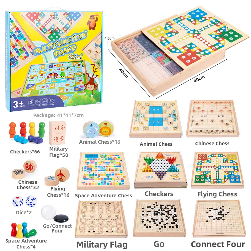 Drvena višestruka društvena igra s Ludo i Gomoku, edukativna igra za razvoj inteligencije, prijenosna kutija za poklon, za djecu 4-6 godina