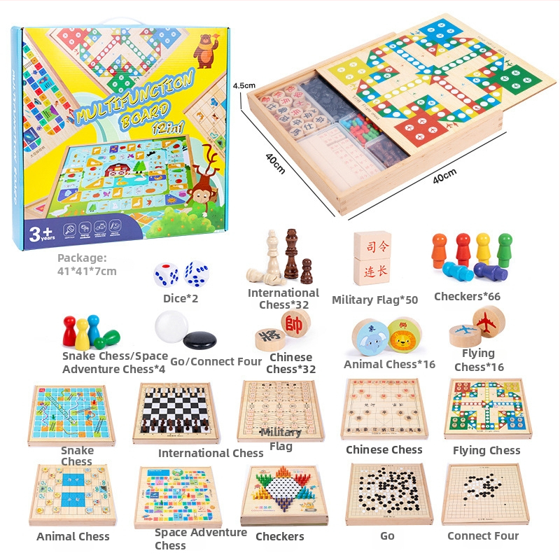 Drvena višestruka društvena igra s Ludo i Gomoku, edukativna igra za razvoj inteligencije, prijenosna kutija za poklon, za djecu 4-6 godina