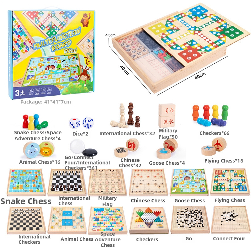 Drvena višestruka društvena igra s Ludo i Gomoku, edukativna igra za razvoj inteligencije, prijenosna kutija za poklon, za djecu 4-6 godina