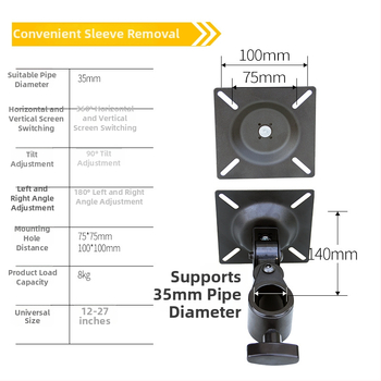Držiak monitora s jednou hlavou pre obrazovky 12–27 palcov; konštrukcia z ocelového plechu + hliníková zliatina + plast; skrutky v balení