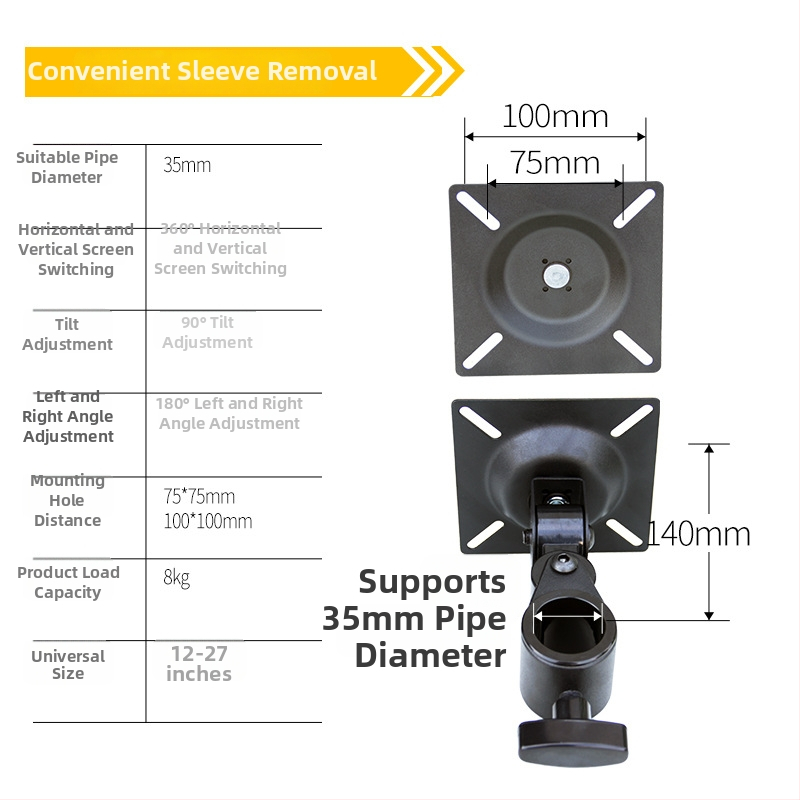 Držiak monitora s jednou hlavou pre obrazovky 12–27 palcov; konštrukcia z ocelového plechu + hliníková zliatina + plast; skrutky v balení