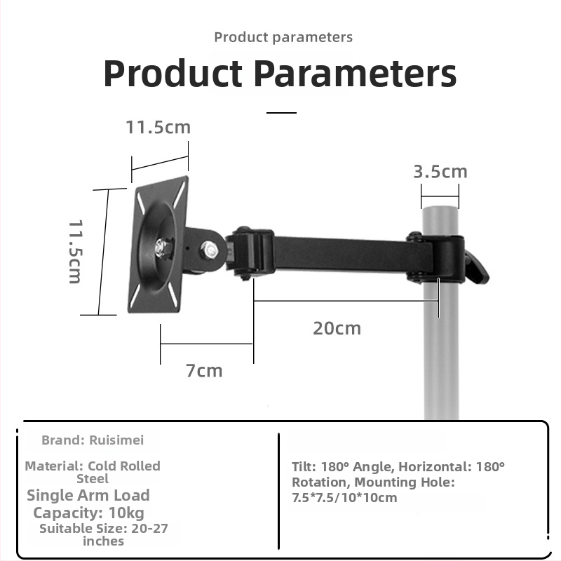 Držiak monitora s jednou hlavou pre obrazovky 12–27 palcov; konštrukcia z ocelového plechu + hliníková zliatina + plast; skrutky v balení