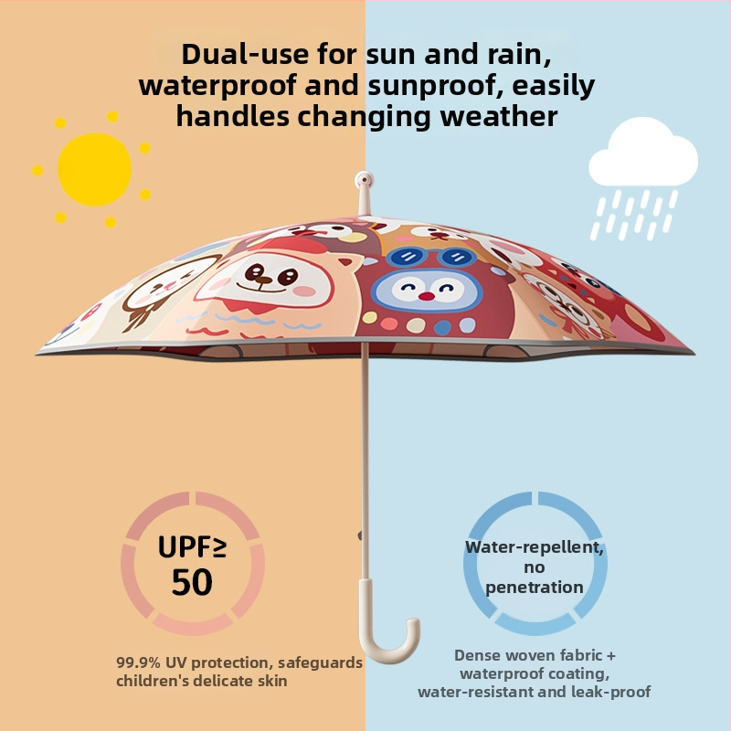 Mu Meng Παιδική ομπρέλα για σχολείο – διπλού στρώματος, για ήλιο και βροχή, 6 ακτίνες αλουμινίου με λαβή, EVA σωλήνας, καρτούν στυλ, μακριά λαβή