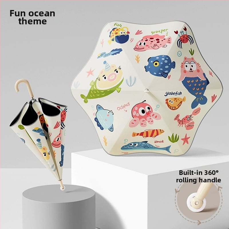 Mu Meng Παιδική ομπρέλα για σχολείο – διπλού στρώματος, για ήλιο και βροχή, 6 ακτίνες αλουμινίου με λαβή, EVA σωλήνας, καρτούν στυλ, μακριά λαβή