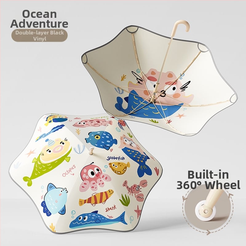 Mu Meng Παιδική ομπρέλα για σχολείο – διπλού στρώματος, για ήλιο και βροχή, 6 ακτίνες αλουμινίου με λαβή, EVA σωλήνας, καρτούν στυλ, μακριά λαβή